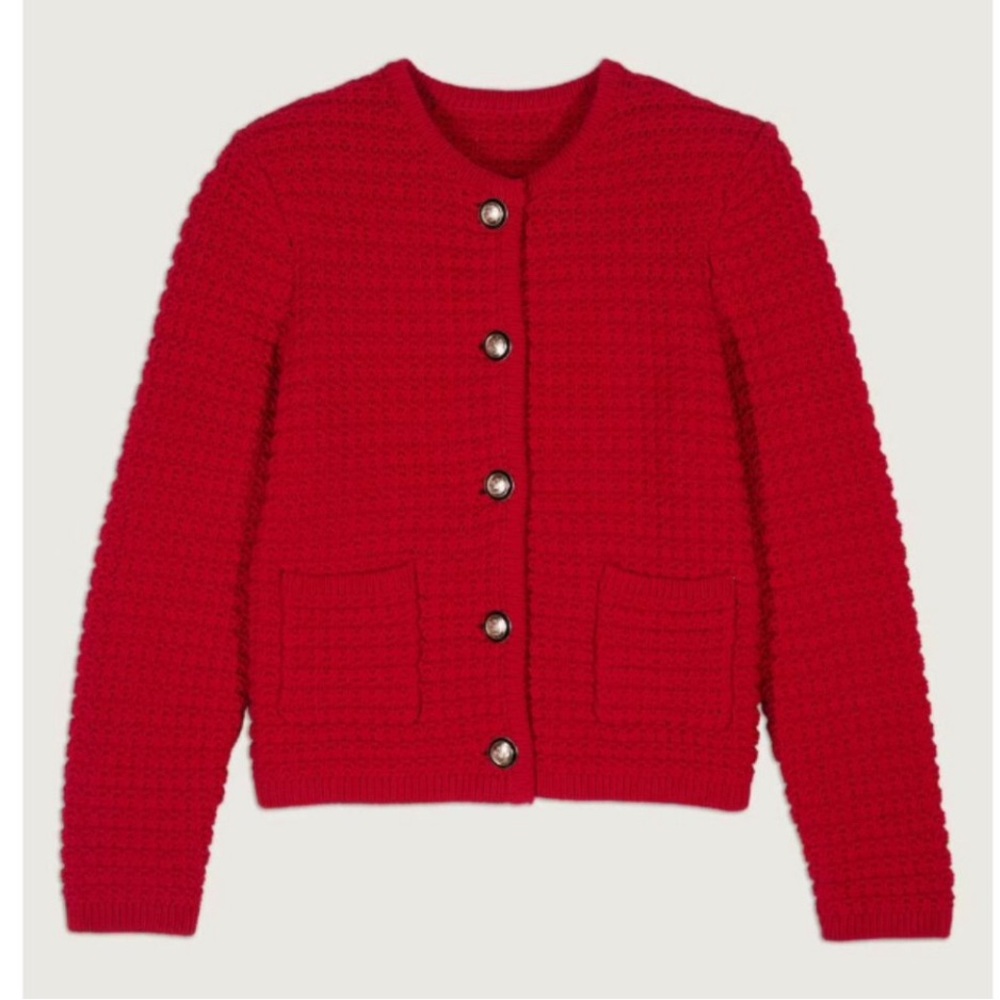 ba&sh Red Cardigan Style Jacket with Long Sleeves and Fitted Silhouette